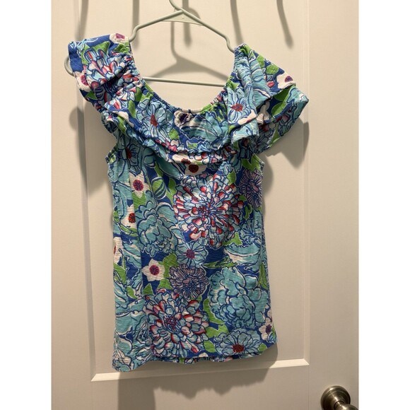 Lilly Pulitzer Womens Wynne Casual Top Blue Floral Short Sleeve Off Shoulder M - Picture 4 of 5